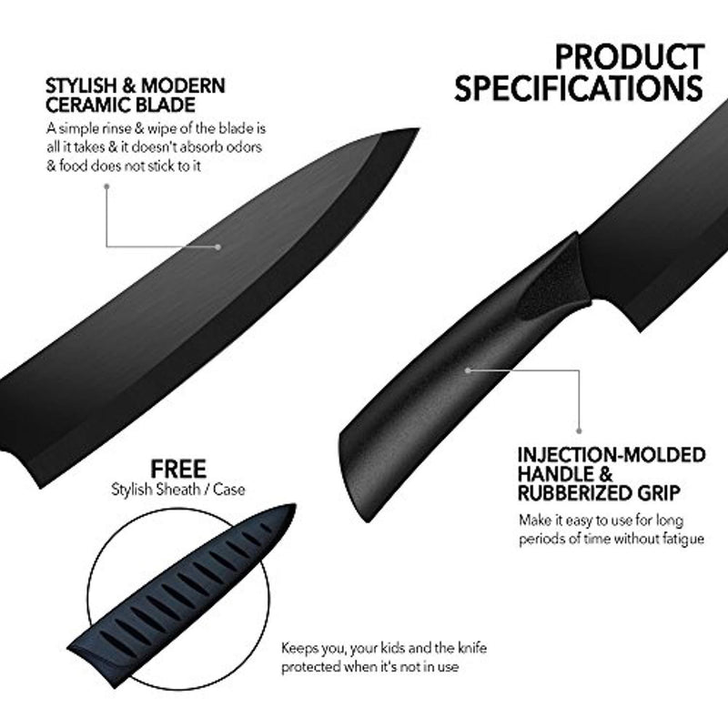 Ceramic Chef’s Knife – Best & Sharpest 8-inch Black Professional Kitchen Knife – Latest & Hardest Blade That Doesn’t Need Sharpening for Years – Comes with FREE Stylish Blade Cover/Case