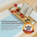 Tregini Luxury Bathtub Caddy - Extendable Bamboo Wood Bath Tray with Adjustable Book, iPad or Kindle Reading Rack - Wine Glass Holder - Cellphone or Tablet Slot