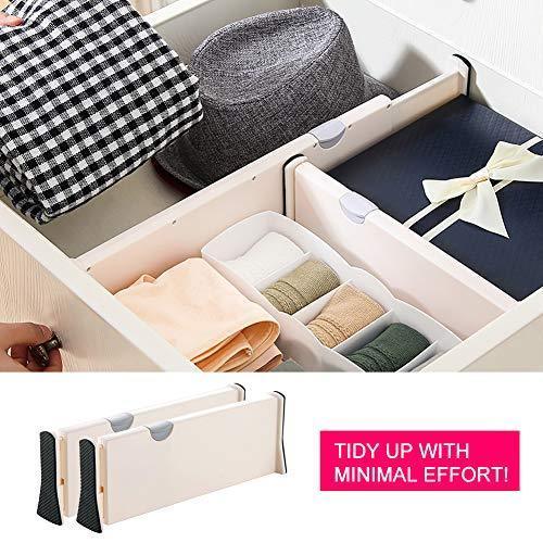 JONYJ Drawer Dividers/Organizer 4 Pack, Adjustable Separators 4" High Expandable from 11-17" for Bedroom, Bathroom, Closet, Office, Kitchen Storage, Strong Secure Hold, Foam Ends, Locks in Place