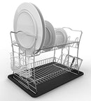 IZLIF 2-Tier Chrome Finish Dish Drying Rack Set and Drainboard with Removable White Utensil Holder