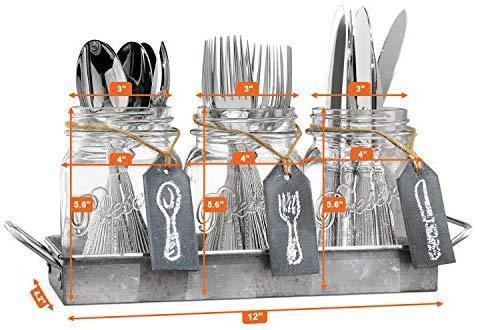 3 Glass Mason Jars with Black Chalk Label - 17 Ounces Clear Chalkboard Mugs on Galvanized Caddy with Handle - Home and Party Drinkware Set, Utensil Organizer, Vintage Rustic Decor Set