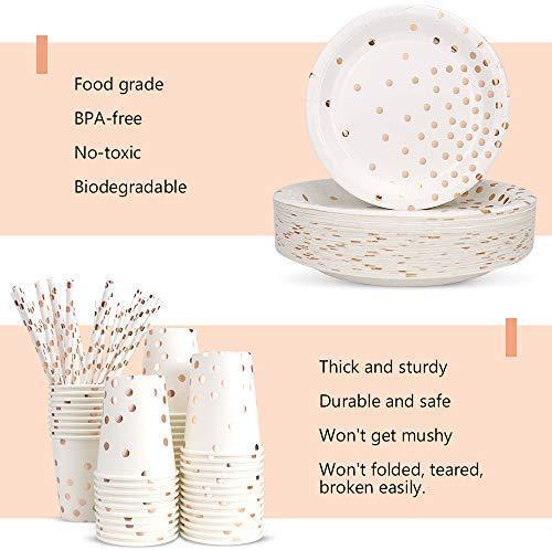 300PCS Rose Gold Paper Party Supplies - Disposable Paper Plates Dinnerware Set Rose Gold Dots 50 Dinner Plates 50 Dessert Plates 50 Cups 50 Napkins 50 Straws 50 Balloons Birthday Party Wedding Holiday Rose Gold