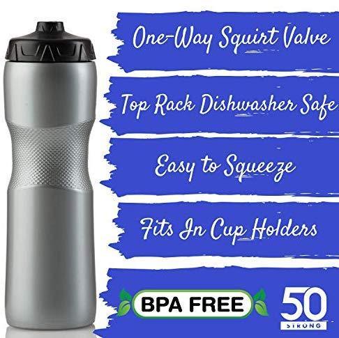 50 Strong Brand Jet Stream Sports Squeeze Water Bottle with One-Way Valve - Team Pack – Set of 6 Leak Proof Squirt Waterbottles - 28 Ounces -Perfect for Bikes - Made in USA