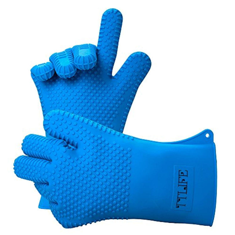 TTLIFE XL 13.5" Long Silicone Heat Resistant BBQ Grill Oven Gloves for Cooking, Baking, Smoking & Potholder - 1 Pair - FDA Approved (Blue) - For Extra Forearm Protection