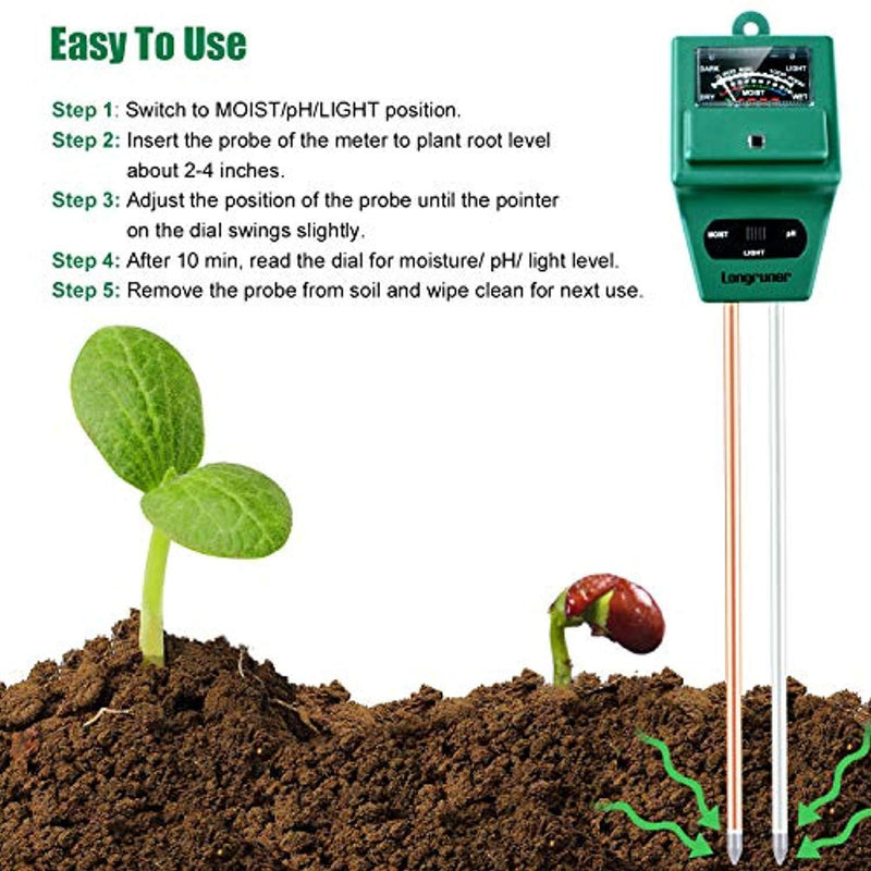 Longruner Soil Moisture PH Meter, 3-in-1 Plant Moisture Sensor Meter/Light/PH Tester for Home, Garden, Lawn, Farm, Indoor/Outdoor(No Battery Needed) LKP03