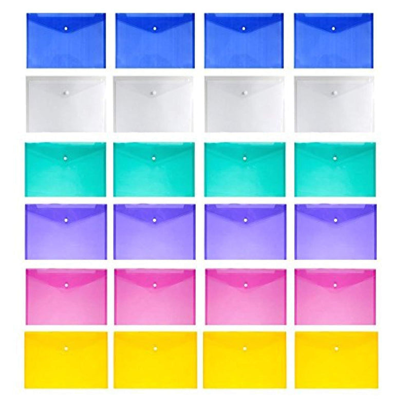 JUSLIN Poly Envelope Folder with Snap Button Closure, 24PCS Waterproof Transparent Project Envelope Folder, A4 Letter Size