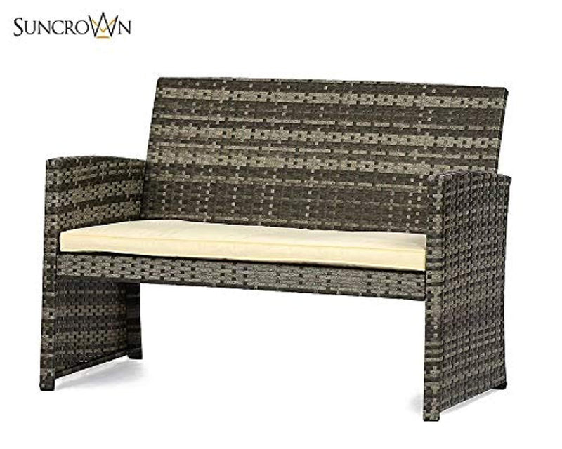 SUNCROWN Outdoor Patio Furniture Set, 4-Piece All-Weather Grey Wicker Conversation Set Glass Top Table & Thick, Durable Cushions Washable Covers