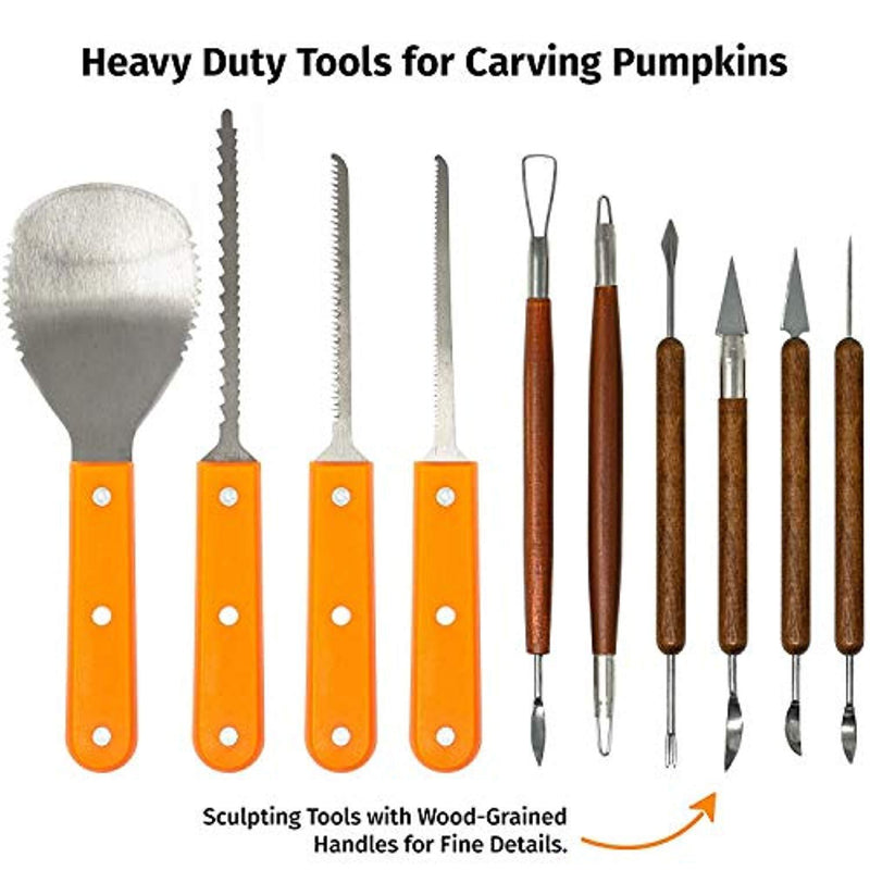 Joyousa Pumpkin Carving Tools Kit - 10 Piece Heavy Duty Stainless Steel Jack-O-Lantern Halloween Sculpting Set
