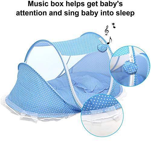 GPCT Foldable Baby Mosquito Travel Net Tent. Includes Mosquito Tent, Pillow, Mattress, Music Box, Mesh Bag. Keeps Insects Out. Portable Sun Shelters Infant Toddlers Children Beach Travel Crib- Blue