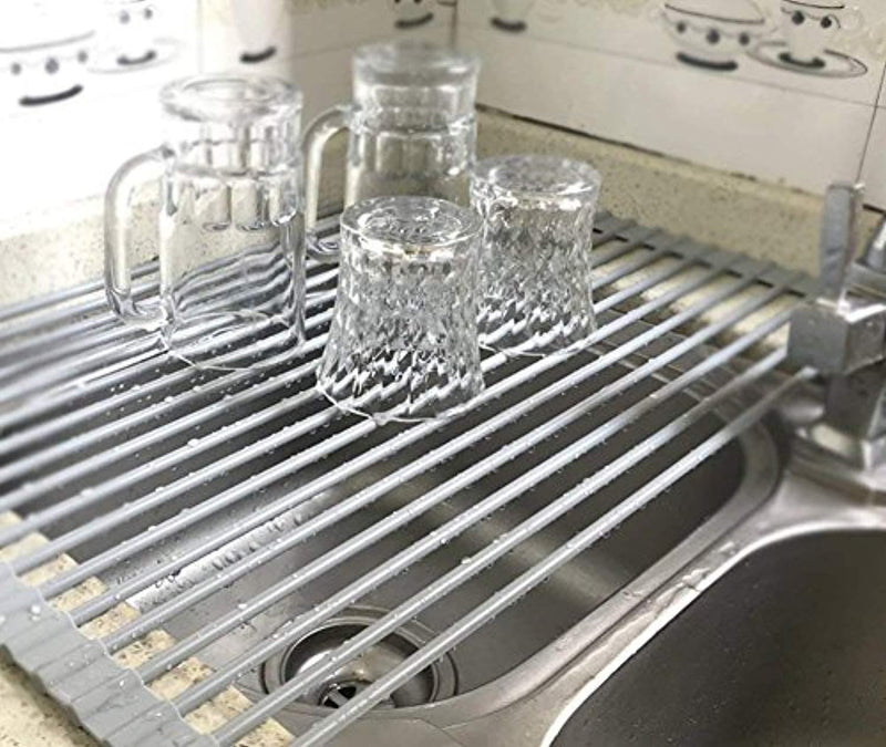 MOHICO Dish Rack Roll-up Dish Drying Rack Stainless Steel Over the Sink Countertop Kitchen Rack Drainer Multipurpose Heat Resistant with Anti Slip Silicone Cover-Large 20 1/2(L) x 13"(W)
