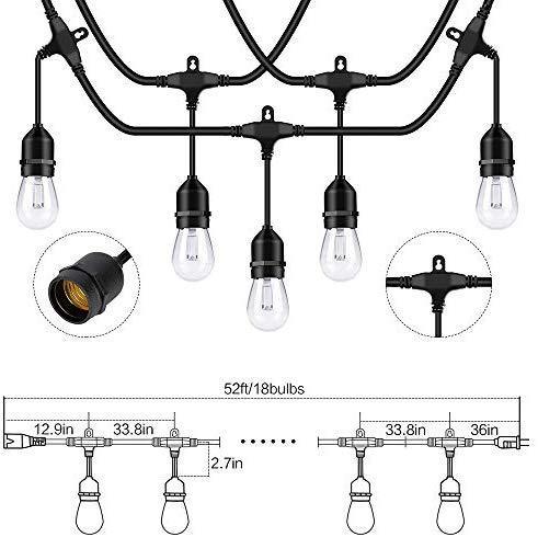 LED String Light, 52Ft Shatterproof and Waterproof PC Material Outdoor Indoor, Heavy Duty Connectable Cord for Home Patio Party Gazebo Festival Celebration Decoration, 18 Bulbs (Warm White)