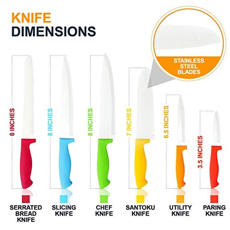 12 Piece Steel Color Knife Set - 6 Steel Kitchen Knives with 6 Knife Sheath Covers - Chef Knife Sets with Bread, Slicer, Santoku, Utility and Paring Knives - Colored Knife Set by Cooler Kitchen