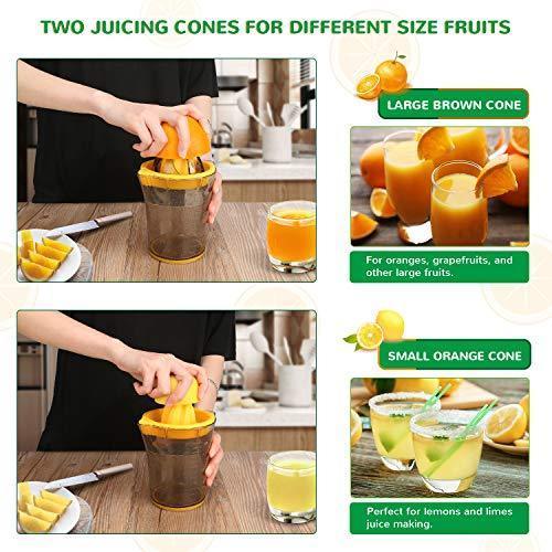 Manual Citrus Orange Squeezer, Lemon Orange Juicer Manual Hand Squeezer with 2 Lid Rotation Press Reamers, 20 oz, Transparent Brown, 1 Cleaning Brush by Sarissa