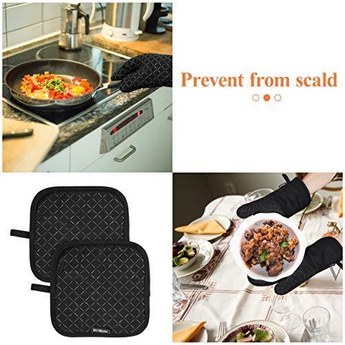 KeShi Kitchen Oven Mitts Set, Oven Mitts and Pot Holders, Heat Resistant with Quilted Cotton Lining, Non-Slip Surface 4 Pieces for Cooking, Baking, Grilling, Barbecue (Gray)