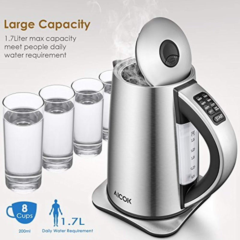 Electric Kettle Variable Temperature Stainless Steel Tea Kettle, Cordless Electric Water Kettle with 1500W SpeedBoil, Auto Shut Off and Boil-Dry Protection, 1.7-Liter Boiler by Aicok