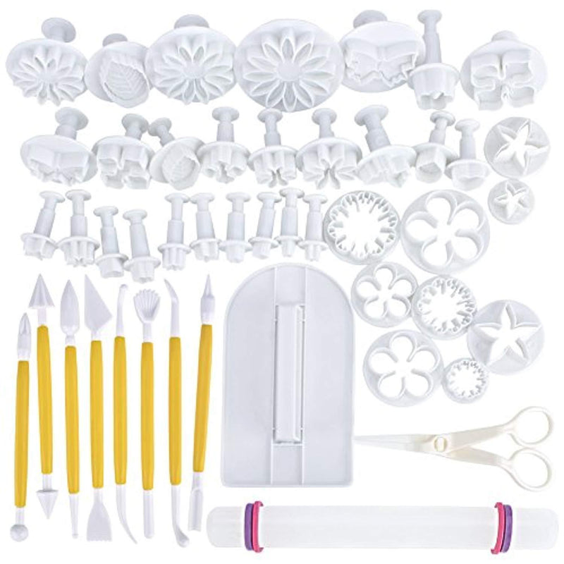 47 pcs Fondant Cutters Tools Sedhoom Catalina Fondant Molds Cake Decorating Supplies Tool Set with Rolling Pin Smoother Embosser Moulds