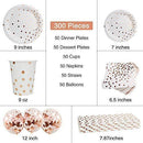 300PCS Rose Gold Paper Party Supplies - Disposable Paper Plates Dinnerware Set Rose Gold Dots 50 Dinner Plates 50 Dessert Plates 50 Cups 50 Napkins 50 Straws 50 Balloons Birthday Party Wedding Holiday