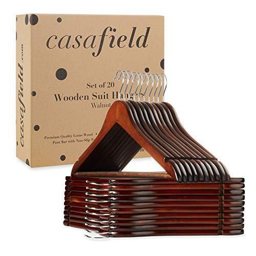 Casafield - 20 Walnut Wooden Suit Hangers - Premium Lotus Wood with Notches & Chrome Swivel Hook for Dress Clothes, Coats, Jackets, Pants, Shirts, Skirts