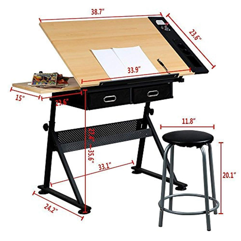 Yaheetech Height Adjustable Drafting Table Desk Drawing Table Desk with P2 Tiltable Tabletop, Stool and 2 Storage Drawers for Reading, Writing,Studying Art Craft Work Station