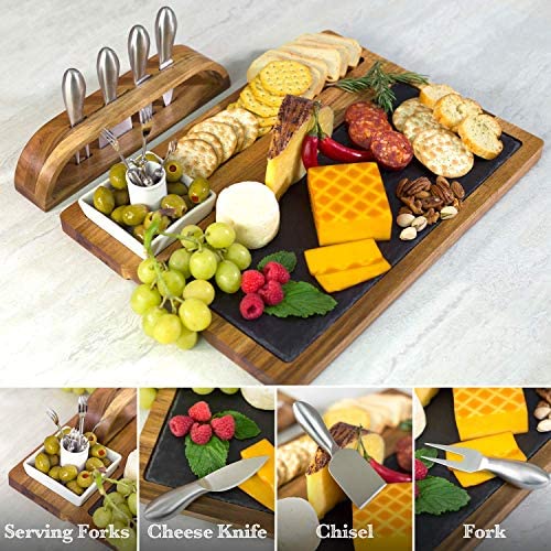 Home Perspective Slate Cheese Board Set, 10 Piece Set Includes 4 Stainless Steel Cheese Tools, Premium Acacia Serving Tray with Slate Board, and Porcelain Olive Dish