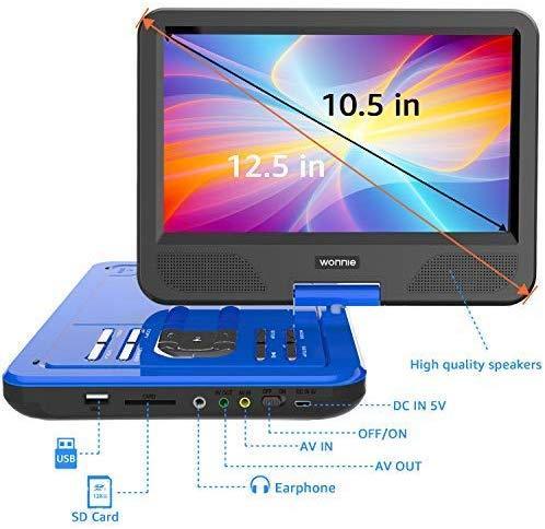 WONNIE 12.5 Inch Portable DVD Player with 4 Hour Rechargeable Battery,10.5" Swivel Screen, USB/SD Slot (BLUE)