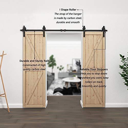 HomLux 8ft Heavy Duty Sturdy Sliding Barn Door Hardware Kit, Double Door-Smoothly and Quietly, Easy to Install and Reusable - Fit 1 3/8-1 3/4" Thickness & 24" Wide Door Panel, Black(I Shape Hanger)