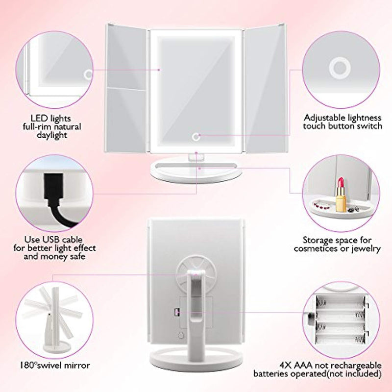 Mckbane Trifold Lighted Vanity Makeup Mirror, 3X/2X/1X Magnification Mirror with 4 Sides 38 Led Lights Touch Screen 180°Adjustable Rotation Dual Power Supply Countertop Mirror