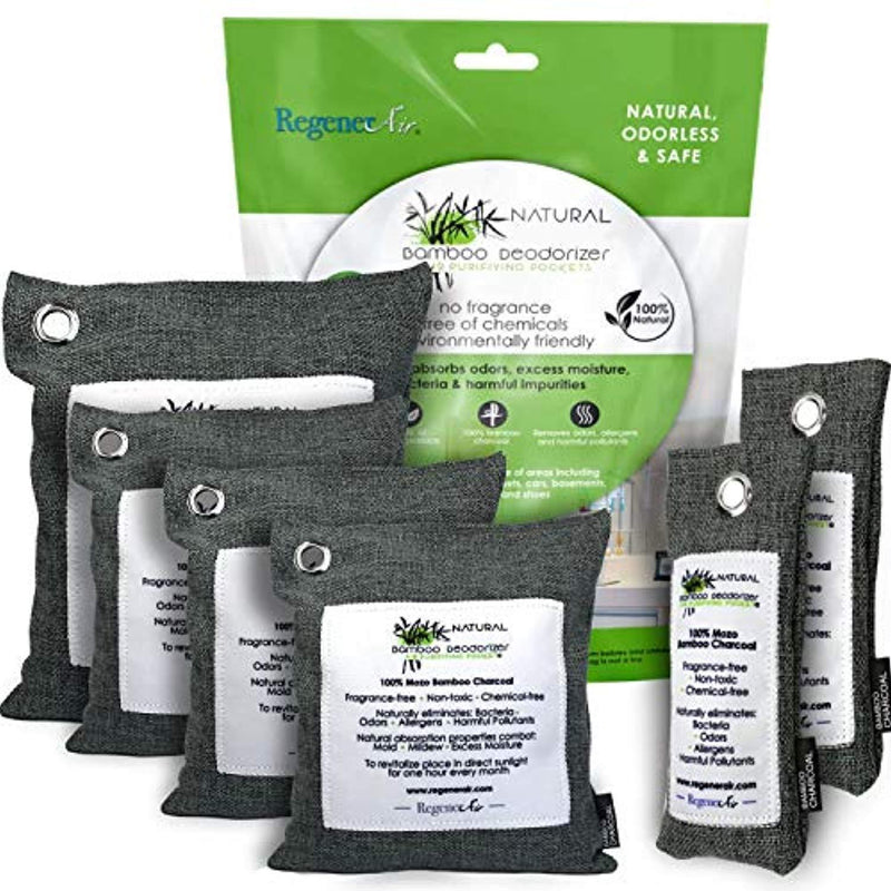Natural Air Purifying Bags 100% Moso Bamboo Charcoal 6-Pack Odor Eliminator for Kitchens Bedrooms Bathrooms Cars Basements Pet Areas & Shoes by Regenerair