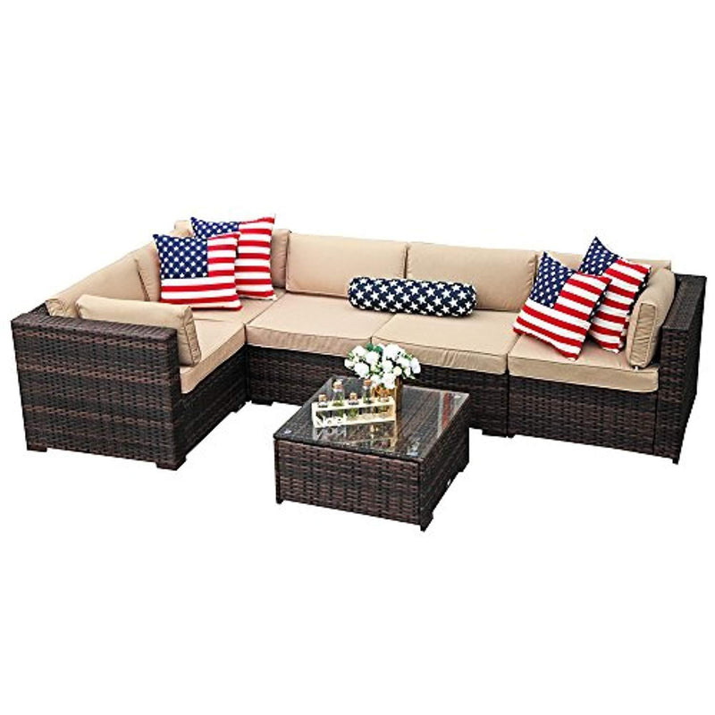 PATIOROMA Outdoor Furniture Sectional Sofa Set (6-Piece Set) All-Weather Brown PE Wicker with Beige Seat Cushions &Glass Coffee Table| Patio, Backyard, Pool| Steel Frame