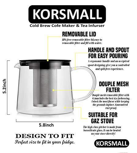 KORSMALL Cold Brew Maker and Tea Infuser, 1.5L/50oz Premium Glass Pitcher with Lid Removable and Reusable Filter Perfect for Hot or Iced Coffee, 1.5L / 50oz, black clear