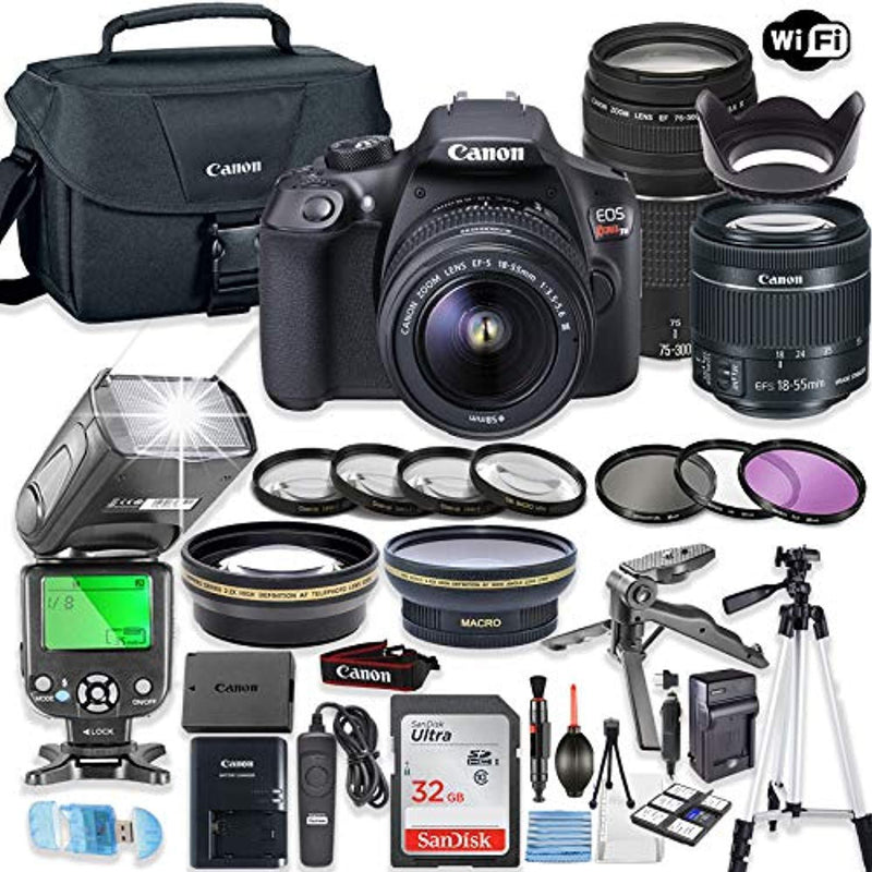 Canon EOS Rebel T6 DSLR Camera Bundle w/Canon EF-S 18-55mm is II Lens & EF 75-300mm f/4-5.6 III Lens + 32GB Sandisk Memory + Canon Case + TTL Speedlight Flash (Good Upto 180 Feet) + Accessory Bundle