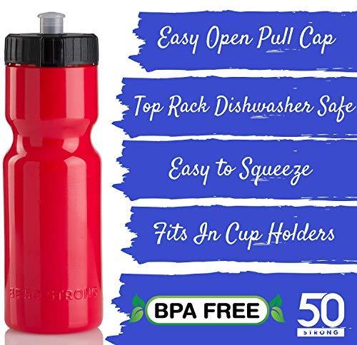 50 Strong Sports Squeeze Water Bottles - Set of 6 - Team Pack – 22 oz. BPA Free Bottle Easy Open Push/Pull Cap – Made in USA - Multiple Colors Available