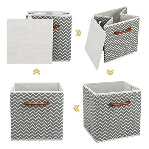 MaidMAX Cloth Storage Bins Cubes Baskets Containers with Wooden Handle for Home Closet Bedroom Drawers Organizers, Foldable, Gray Chevron, Set of 6