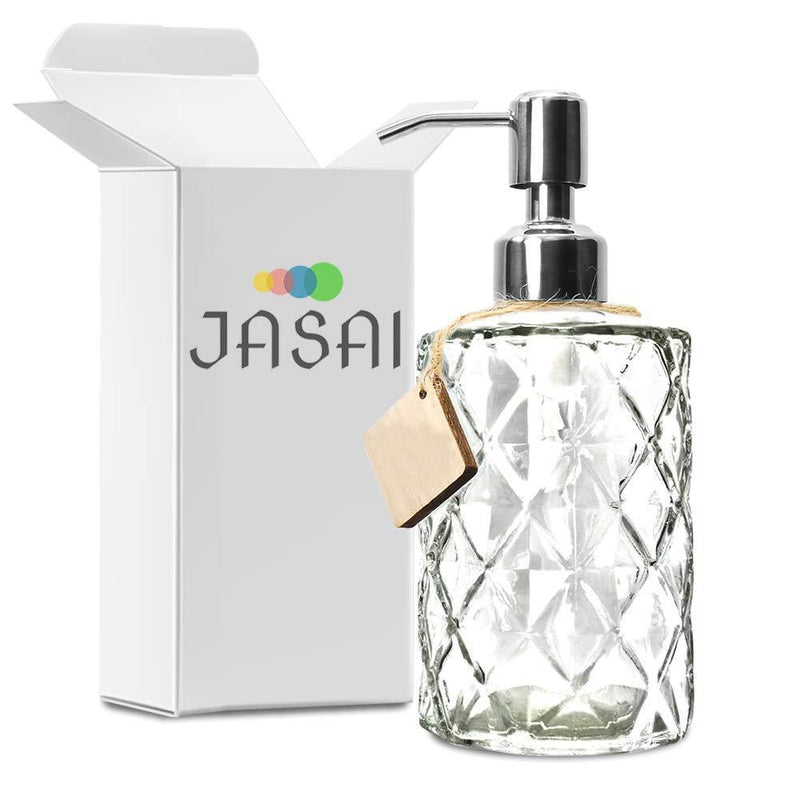 JASAI Diamond Design 12 Oz Clear Glass Soap Dispenser, Kitchen Soap Dispenser with 304 Rust Proof Stainless Steel Pump, Premium Glass Soap Dispenser for Bath and Bathroom