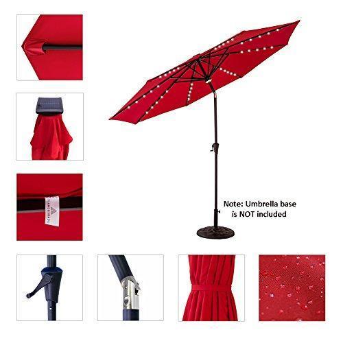FLAME&SHADE 11 feet Solar Power LED Lights Outdoor Patio Market Umbrella with Crank Lift, Push Button Tilt, Red