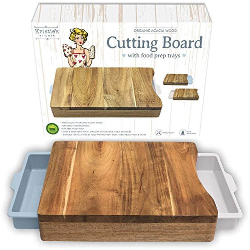 Cutting Board with Trays - Organic Acacia Wood Butcher Block with Containers White Pale Blue - Naturally Antimicrobial - For Meat Vegetables Bread or Cheese Board