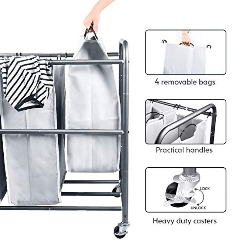 WeHome 4 Bag Laundry Sorter Cart, Laundry Hamper Sorter with Heavy Duty Rolling Wheels for Clothes Storage, Grey