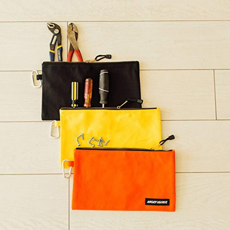 Canvas Tool Pouch with Zipper, 5 Pack, Utility Organization Bags, Heavy Duty Metal Zipper and Carabiner, by Angry Beaver