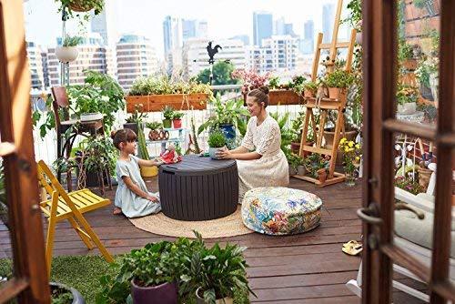 Keter 230897  Circa Natural Wood Style Round Outdoor Storage Table D, 37 Gallons,  26.7 in. Diameter x 16.5 in Height.