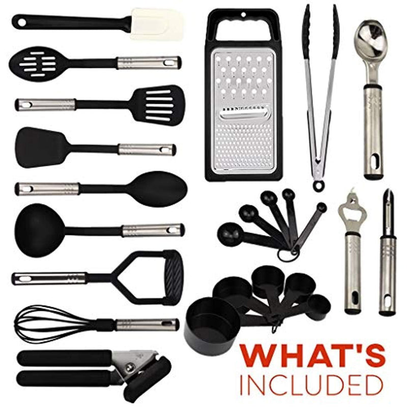 Kitchen Utensil set - 24 Nylon Stainless Steel Cooking Supplies - Non-Stick and Heat Resistant Cookware set - New Chef's Kitchen Gadget Tools Collection - Best for Pots and Pans - Great Holiday Gift