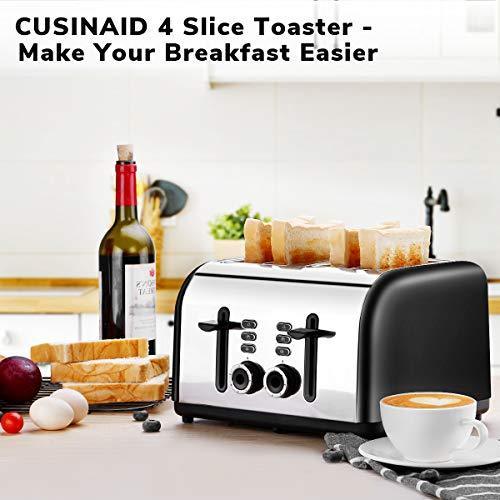 Toaster 4 Slice, CUSINAID Stainless Steel Toasters with Reheat Defrost Cancel Function, 7-Shade Setting, 4 Wide Slots Toaster - Black