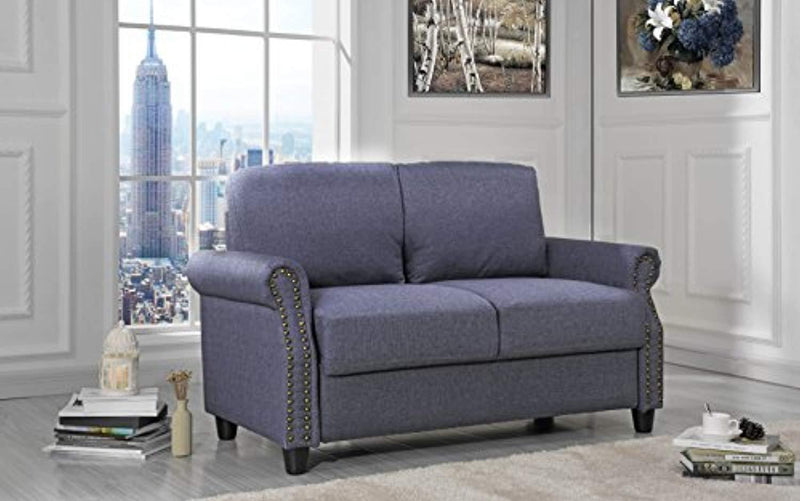 Sofamania Classic Living Room Linen Loveseat with Nailhead Trim and Storage Space (Blue)