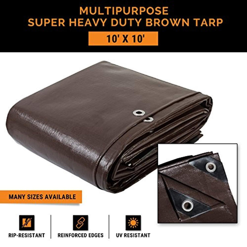 10' x 10' Super Heavy Duty 16 Mil Brown Poly Tarp Cover - Thick Waterproof, UV Resistant, Rot, Rip and Tear Proof Tarpaulin with Grommets and Reinforced Edges - by Xpose Safety
