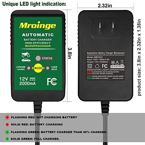 Mroinge 12V 2A Lead Acid/Lithium(LiFePO4) Automatic Trickle Battery Charger Smart Battery Maintainer for Car Motorcycle Lawn Mower Boat ATV SLA AGM GEL CELL Lithium(LiFePO4) and More Batteries