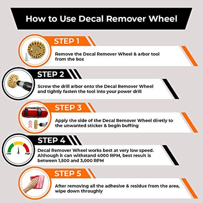 Decal Removal Eraser Wheel Tool Kit - 4 inch Rubber Power Drill Attachment for Removing Pinstripes, Stickers, Adhesive Vinyl Decals from Cars, Rvs, Boats and More by Canopus