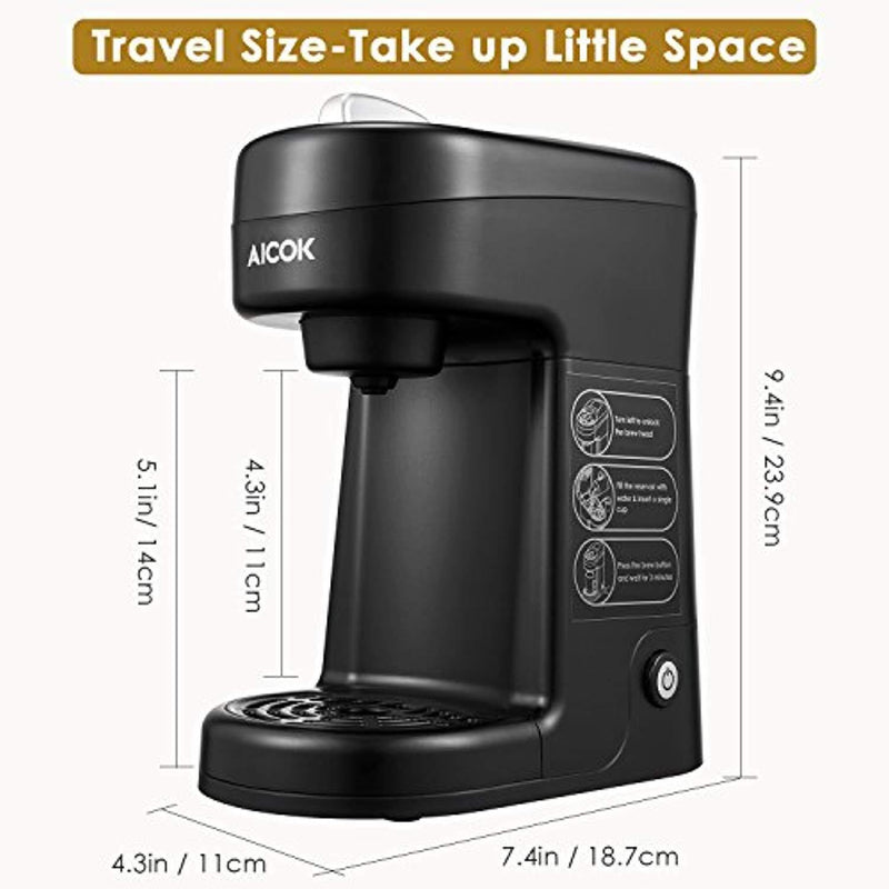 Aicok Single Serve Coffee Maker, Single Cup Travel Coffee Brewer with One-Touch Button for Most Single Cup Pods including K-CUP pods, Quick Brew Technology, 800W, Black