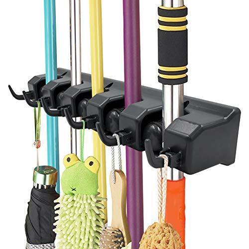 Imillet Mop and Broom Holder, Wall Mounted Organizer-Mop and Broom Storage Tool Rack with 5 Ball Slots and 6 Hooks (Gray) (One Pack)
