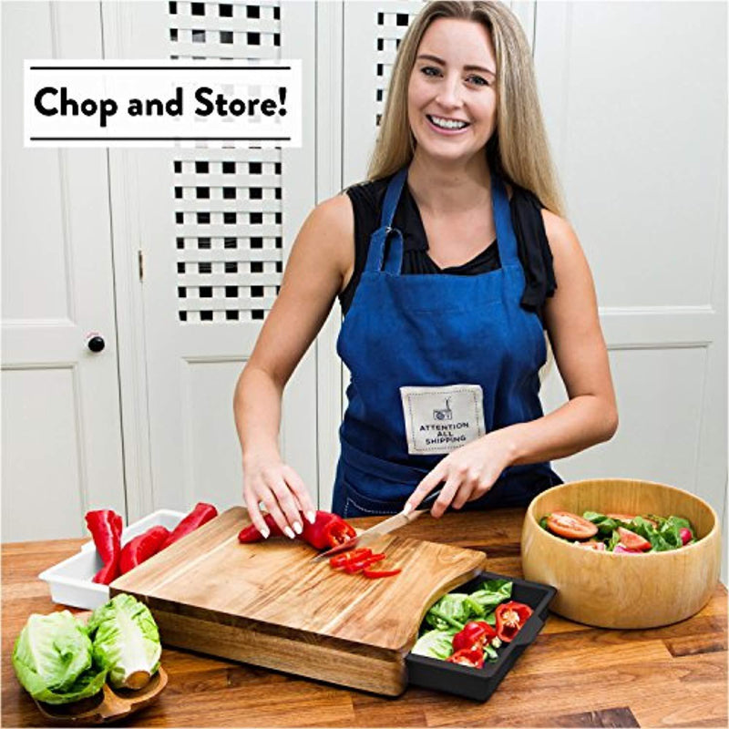 Cutting Board with Trays - Organic Acacia Wood Butcher Block with 2 Containers White Black - Naturally Antimicrobial - For Meat Vegetables Bread or Cheese Board by Kristie's Kitchen