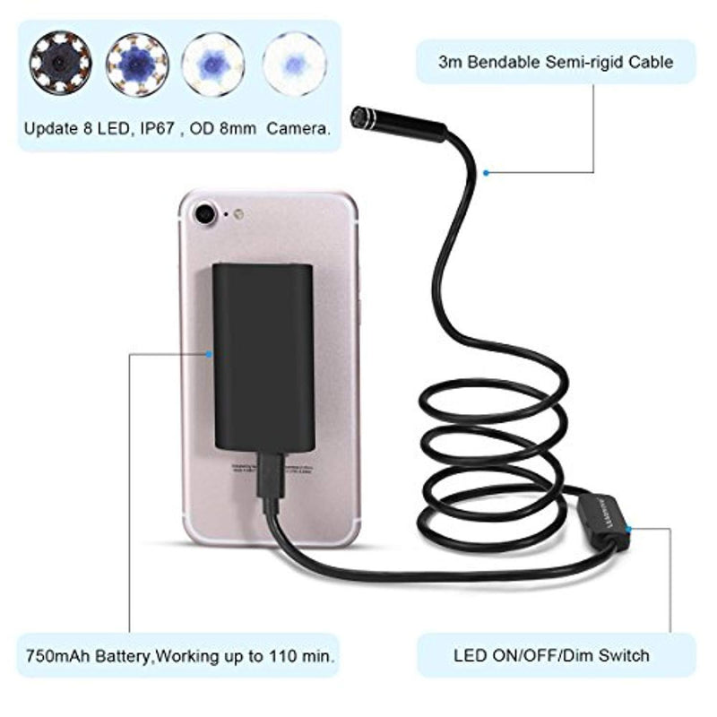 LEADNOVO Wireless Endoscope WiFi Borescope Inspection Camera 2.0 Megapixels HD 8 LED Lights 3M Semi-rigid Snake Camera for Android IOS PCB detection Sewer pipeline motor vehicle detector