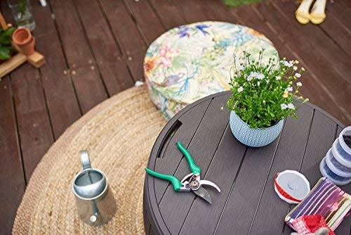 Keter 230897  Circa Natural Wood Style Round Outdoor Storage Table D, 37 Gallons,  26.7 in. Diameter x 16.5 in Height.